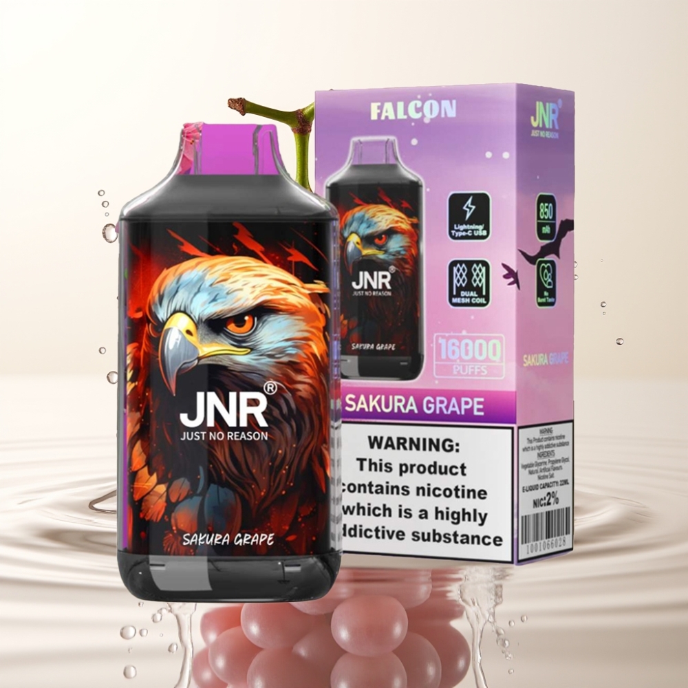 JNR Falcon 16000 Puffs Dual Mesh Coil Sakura Druif Type C & LED Display