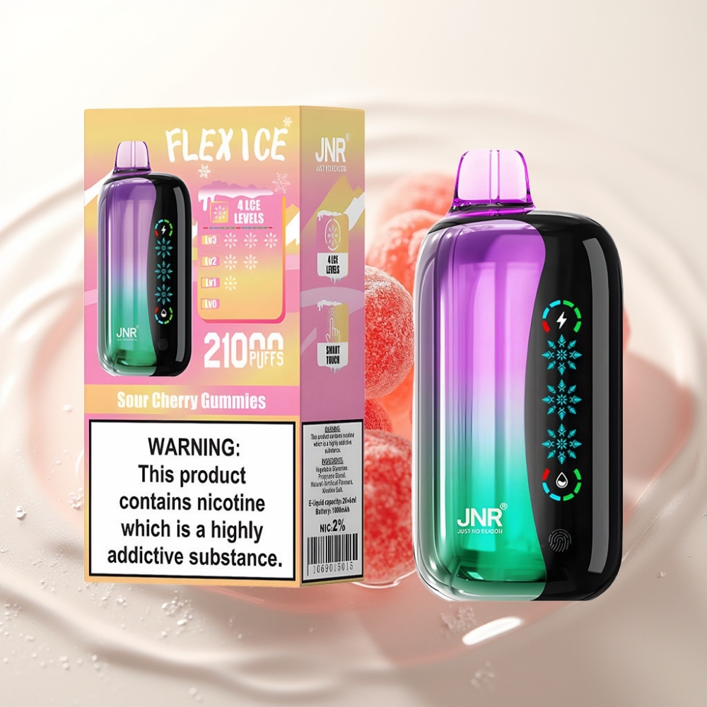 JNR Flex Ice 21000 Puffs Wegwerp Vape Zure Kers Gummies, 26ml, Aanpasbare Luchtstroom, Touchscreen