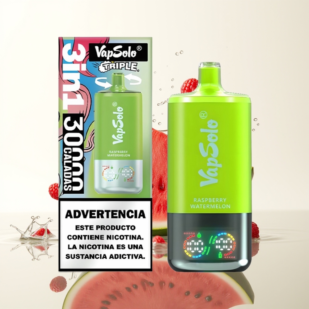 VapSolo Triple 30000 Puffs 40ml Raspberry Watermelon Type-C 20mg/50mg